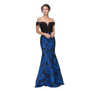 Royal Blue and Black Off Shoulder Formal Gown